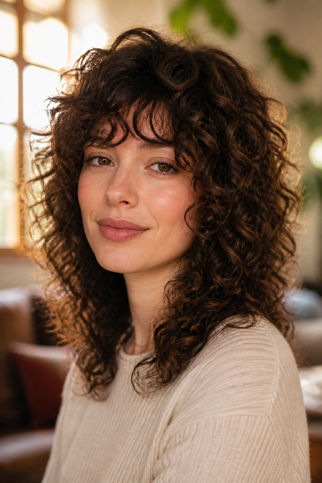Close-up of a real woman with curly shag that keeps its shape, layered curls framing the face.