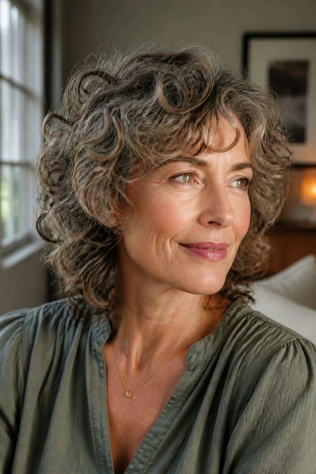 Portrait of a woman with curly shag hairstyle.