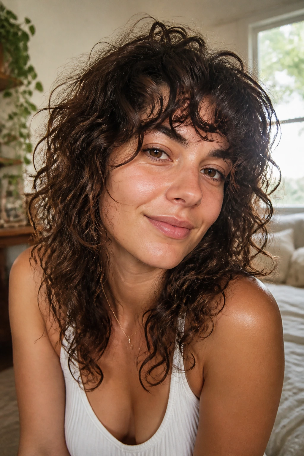 Close-up of a real woman with a low-maintenance air-dry curly shag, crown lift and defined curls.