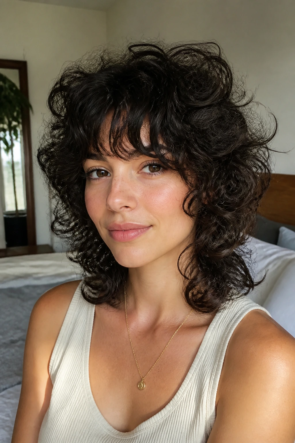 Close-up of a real person with rounded curly shag and soft curtain bangs in warm window-light