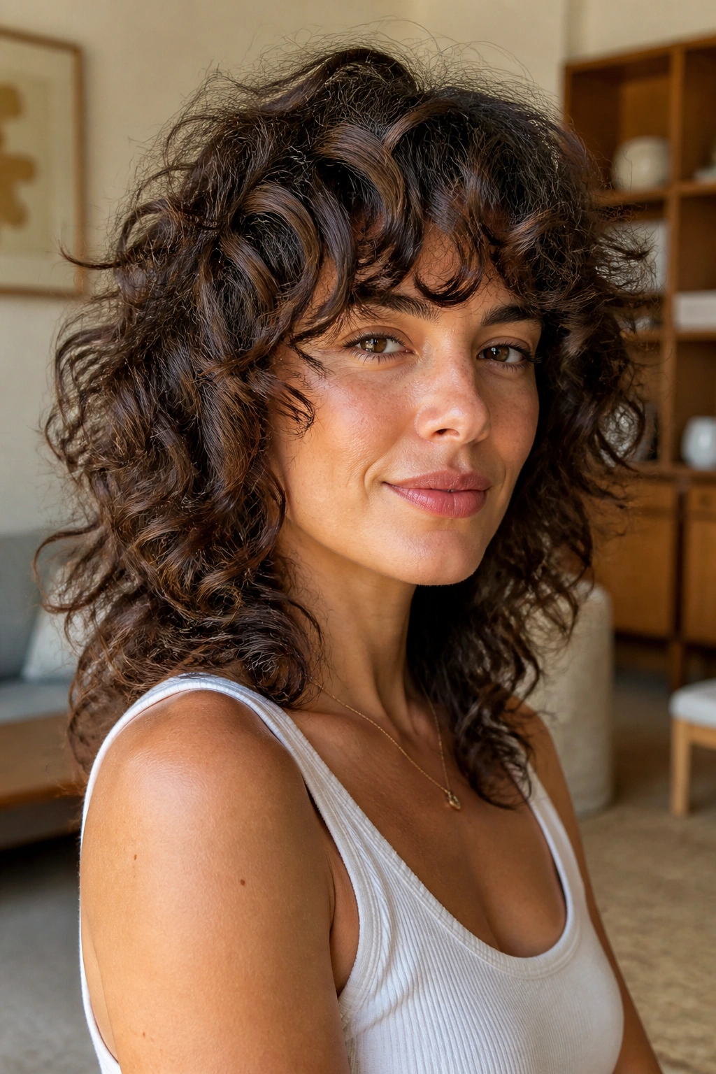 Close-up of a real woman with curly shag hairstyle in a sunlit living room