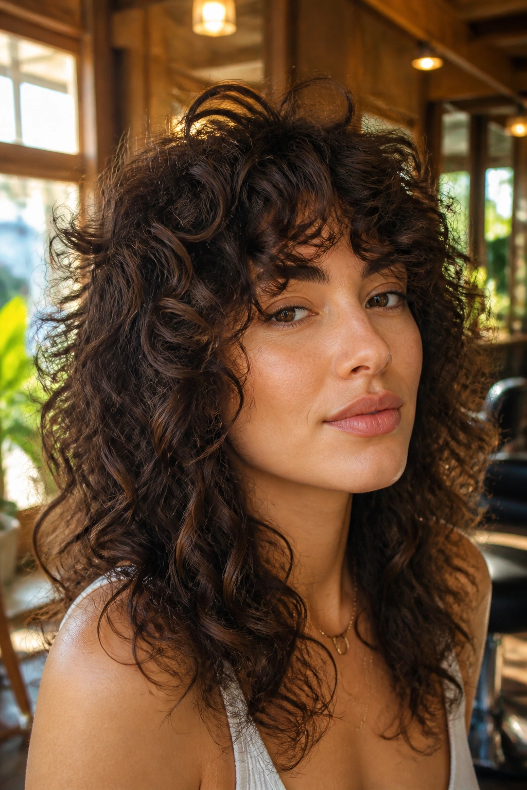 Close-up of a real woman with curly shag haircut in a sunlit salon