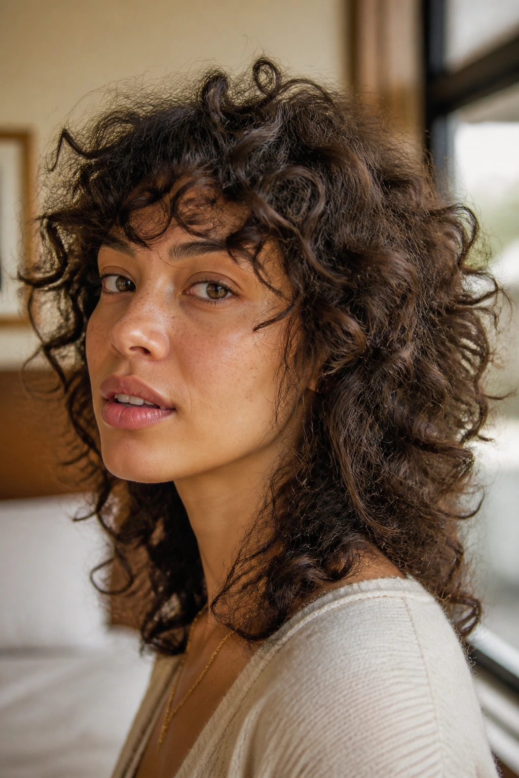 Close-up of a real person with curly shag showing layers and texture