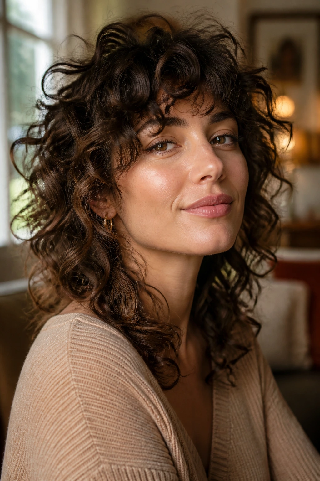 Close-up portrait of a real woman with curly shag hairstyle under warm side-window light