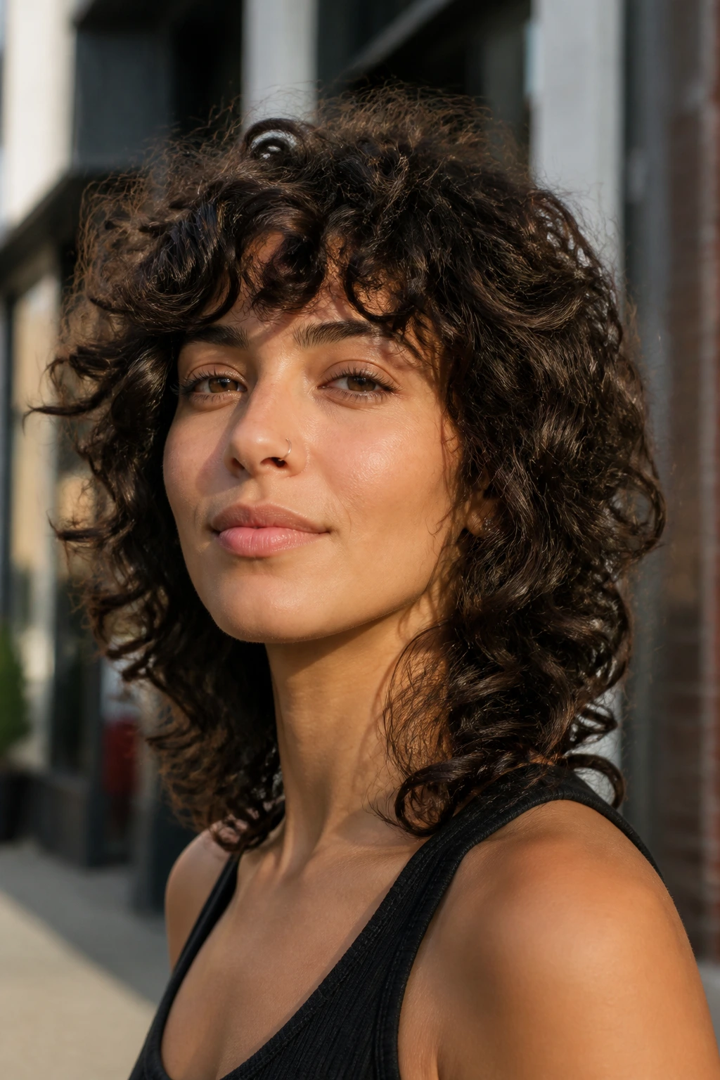 Real woman with curly shag hairstyle, defined curls and layered volume