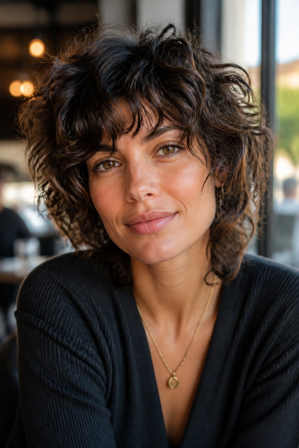 Close-up portrait of a real woman with curly shag hairstyle in daylight.