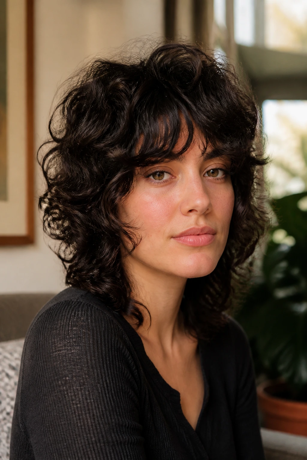 Close-up of real woman with curly shag hairstyle framing the cheeks