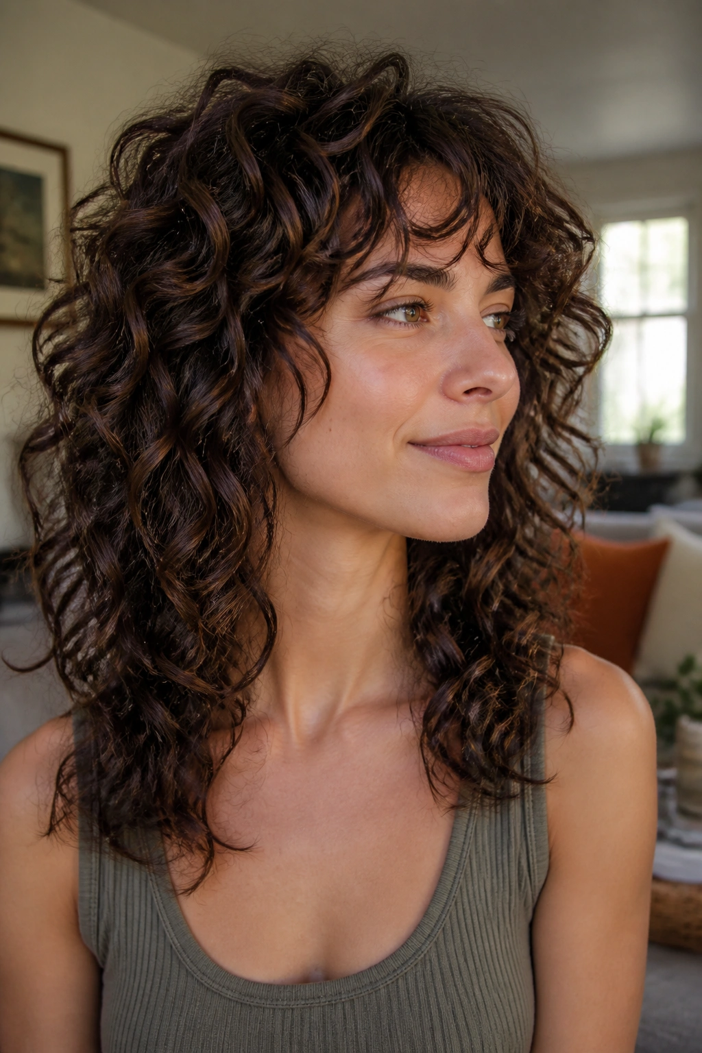 Close-up portrait of a real woman with curly hair featuring internal layers for shape.