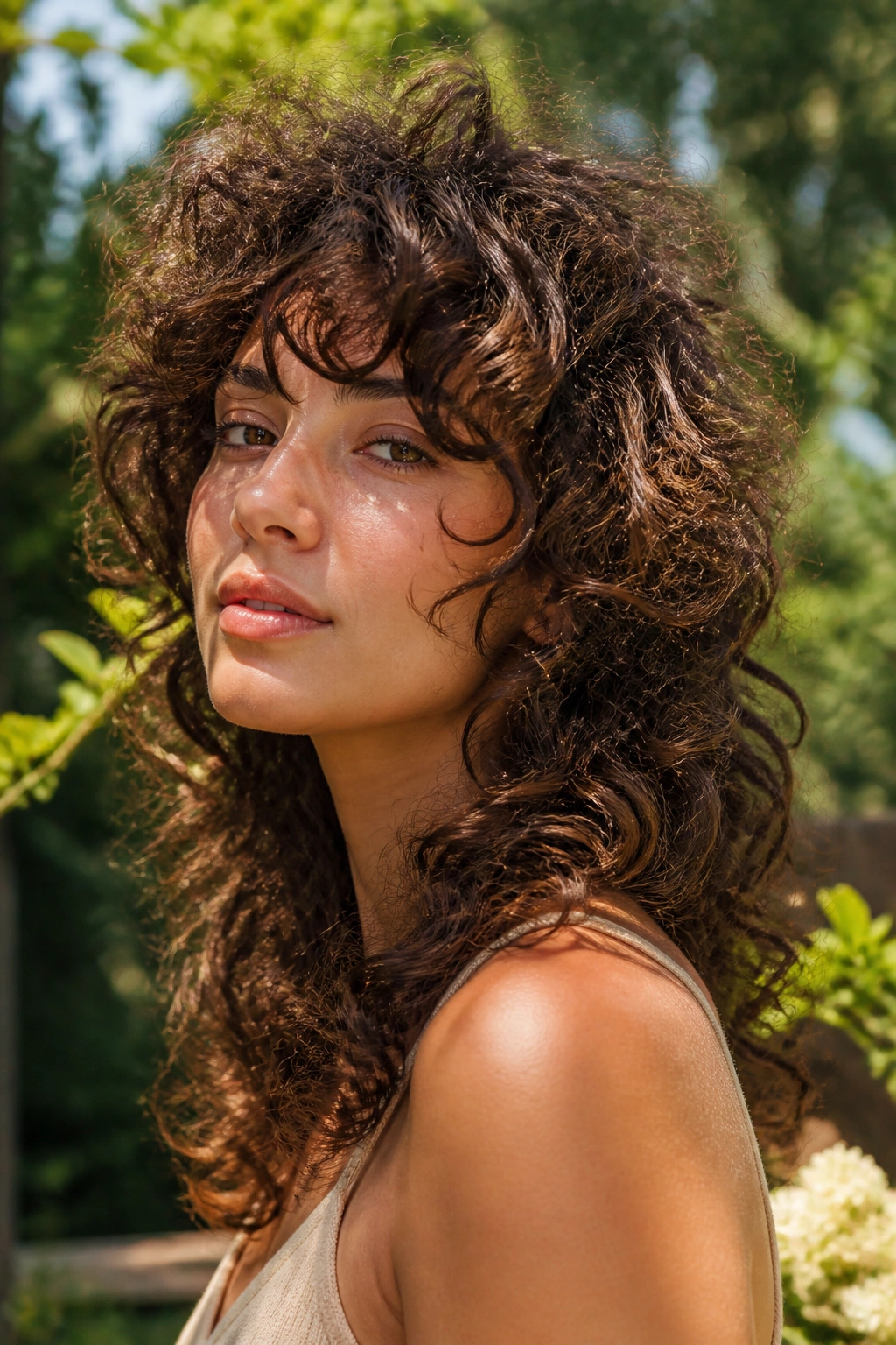 Close-up portrait of a real person with curly shag hairstyle preserving length