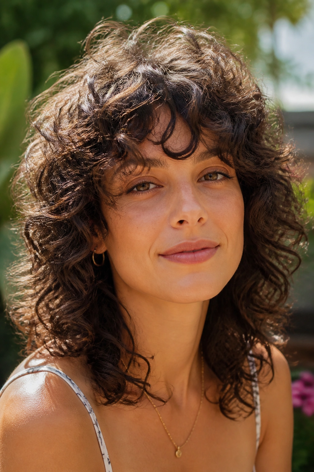 Close-up of a real woman with curly shag haircut and layered curls.