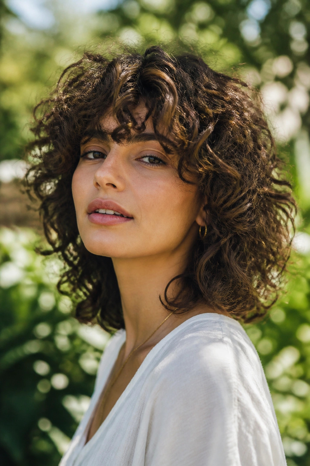 Portrait of woman with curly shag hairstyle featuring crown layers and defined curls