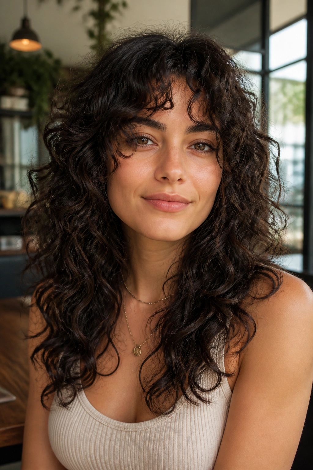 Close-up of a real woman with curly shag haircut and layered curls.