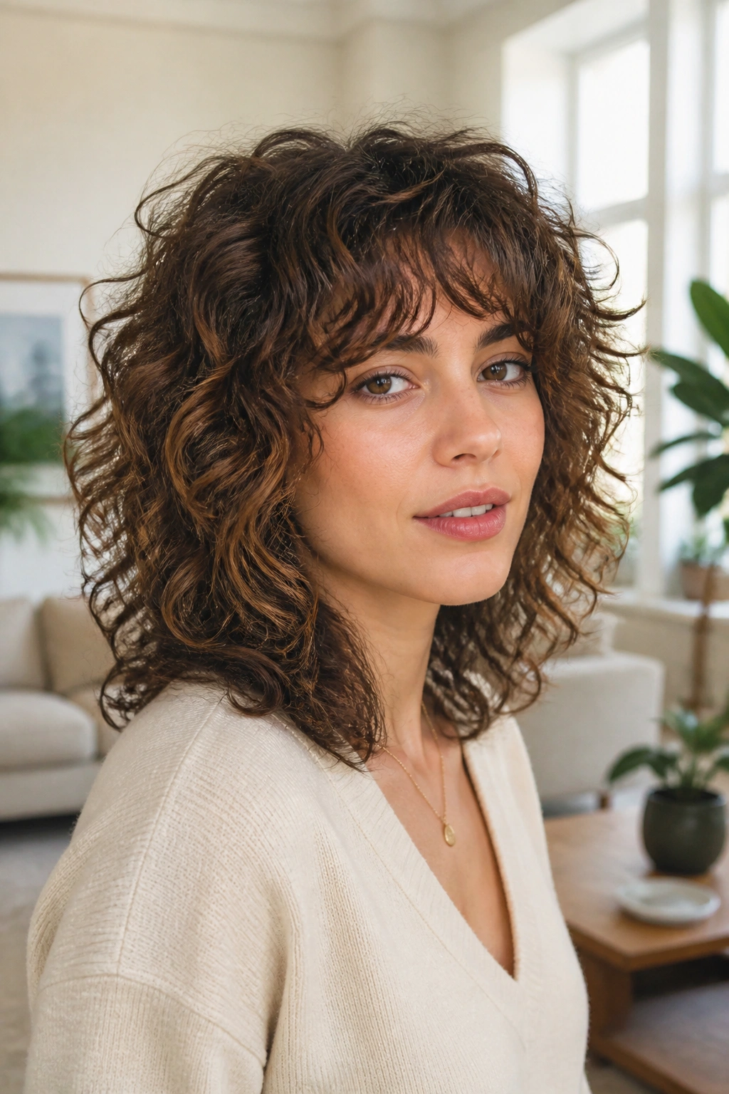 Portrait of a woman with curly shag and soft layers in natural light