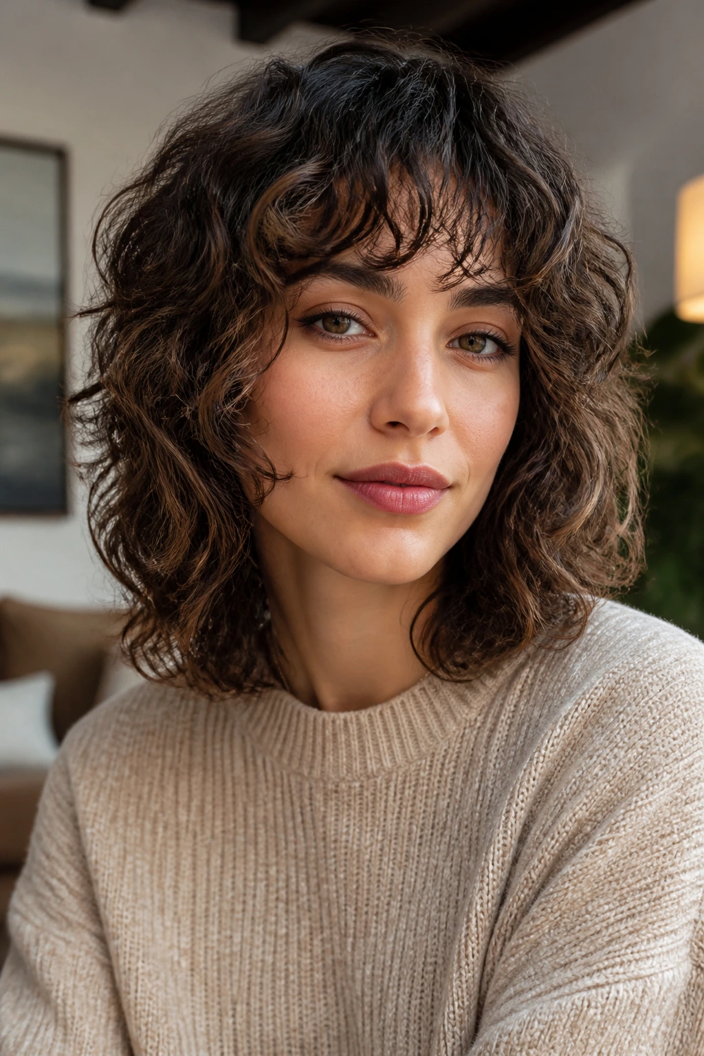 Close-up of a real woman with curly shag and choppy layers