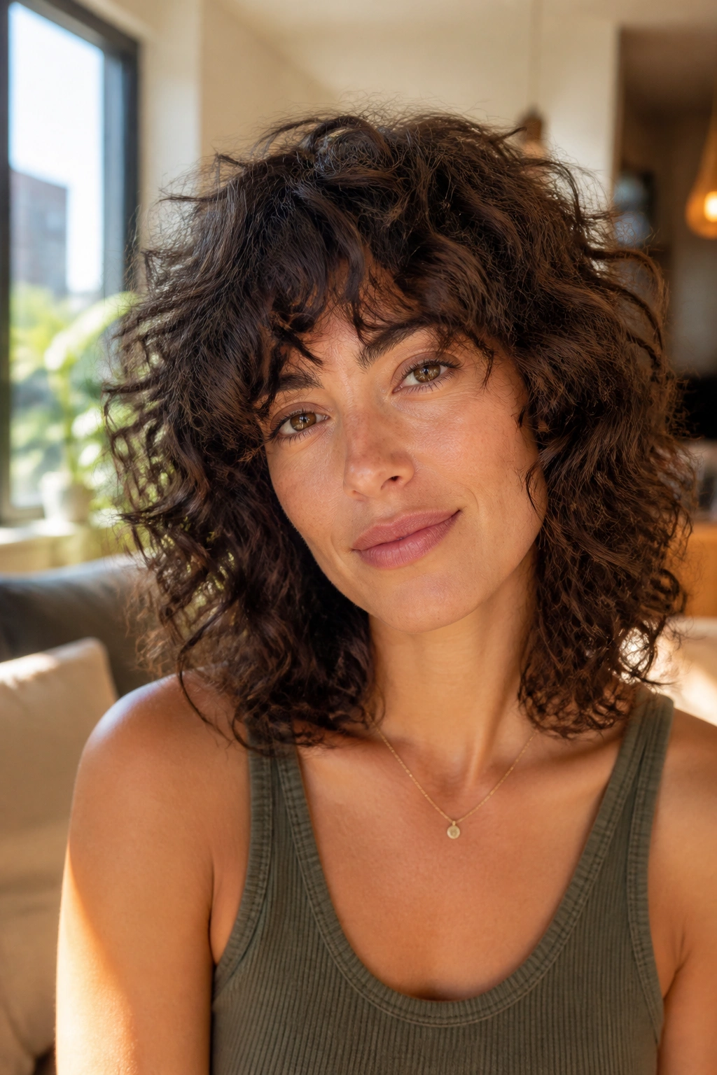 Close-up of real woman with curly shag lob featuring airy layers