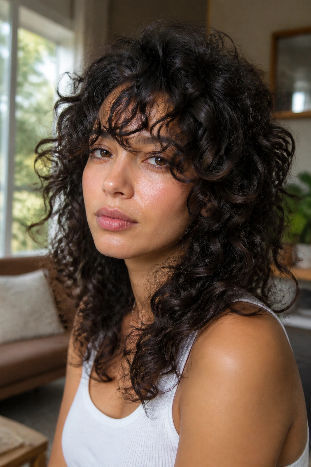 Close-up of a real person with curly shag and long bangs in soft daylight.