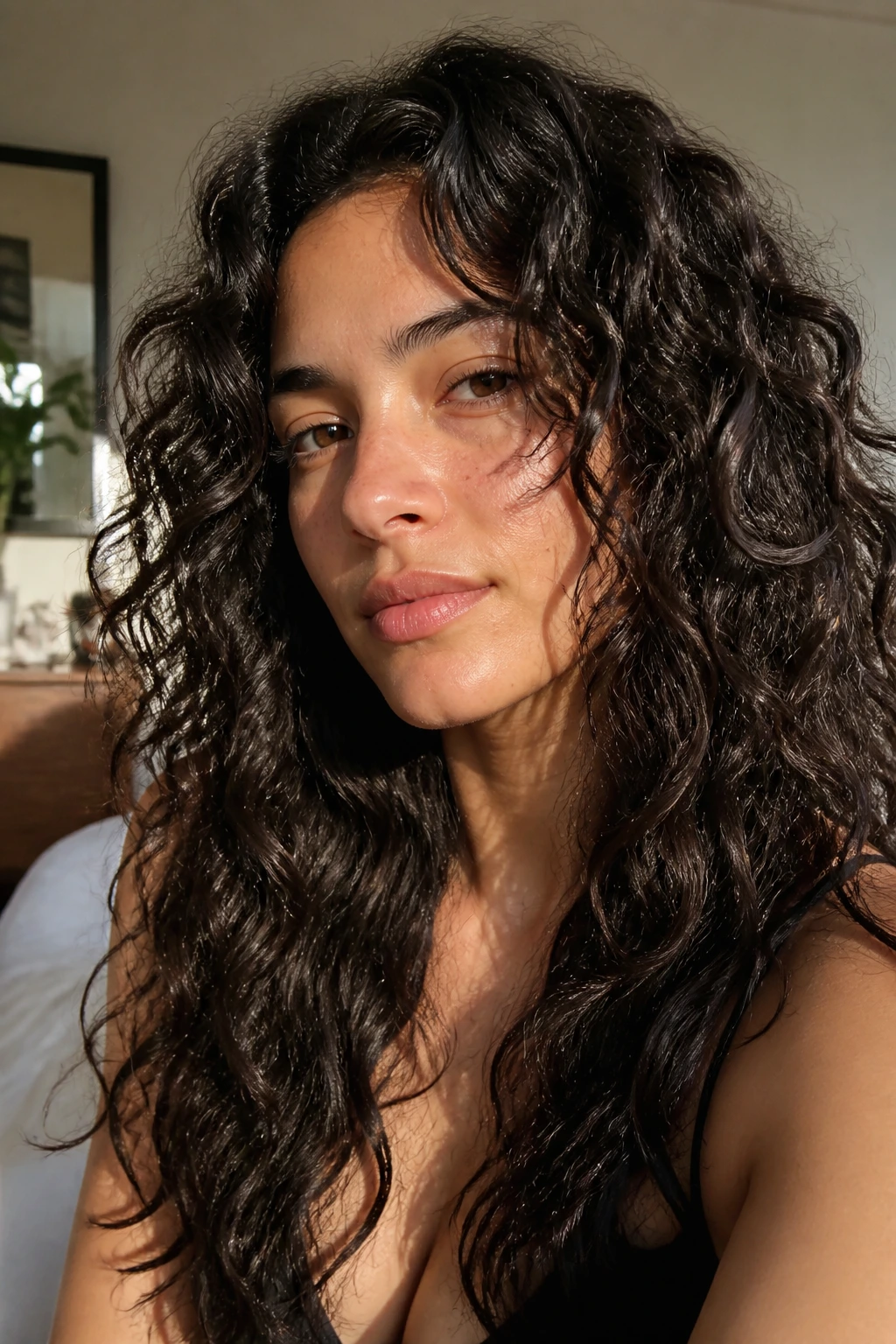 Close-up portrait of a real woman with curly long shag without bangs in warm window light