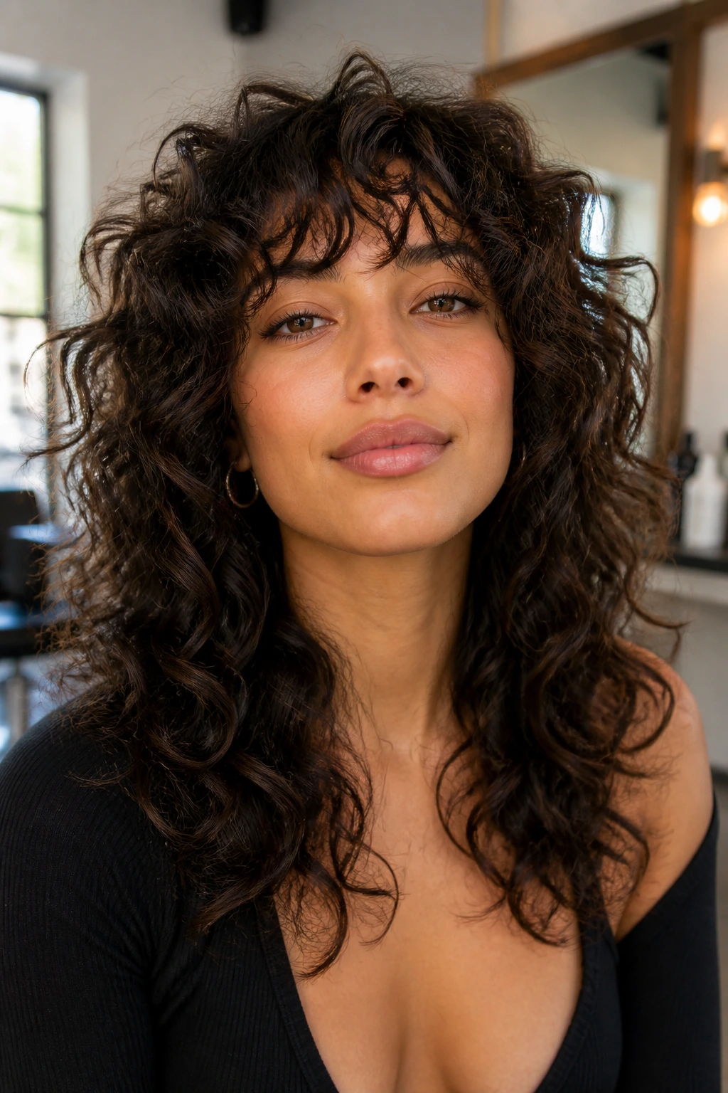 Close-up of a real woman with curly medium shag and long layers in a sunlit salon