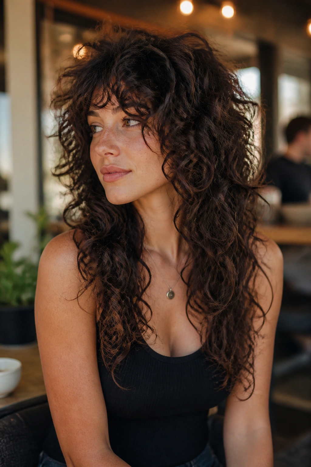 Three-quarter portrait of a real woman with soft curly shag and long pieces