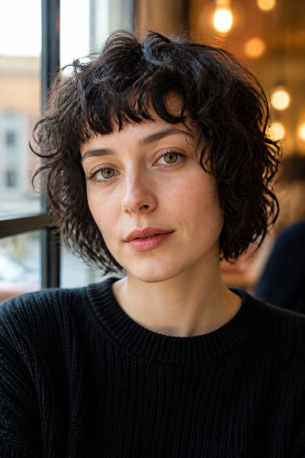Close-up of real person with chin-length curly shag and micro bangs.