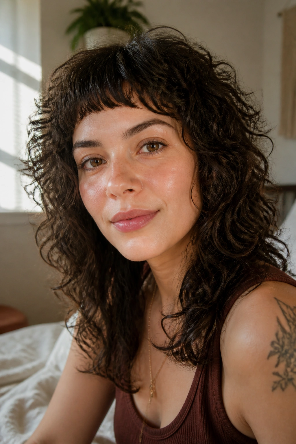 Close-up portrait of a real person with curly shag and micro fringe