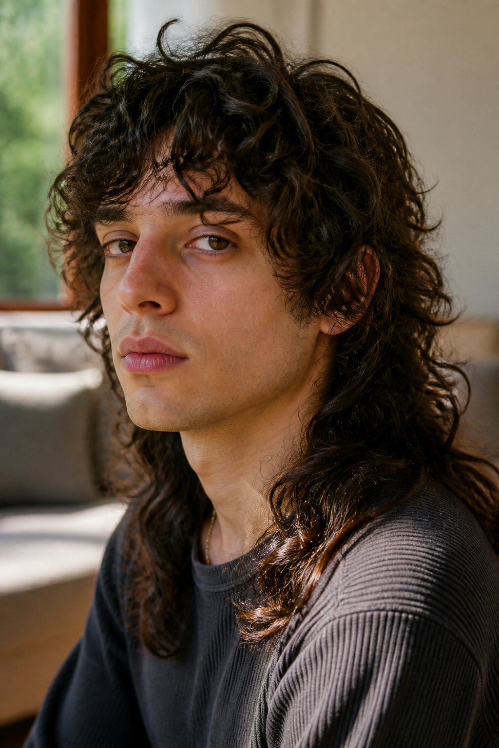 Close-up portrait of a real person with curly long shag mullet in a sunlit room.