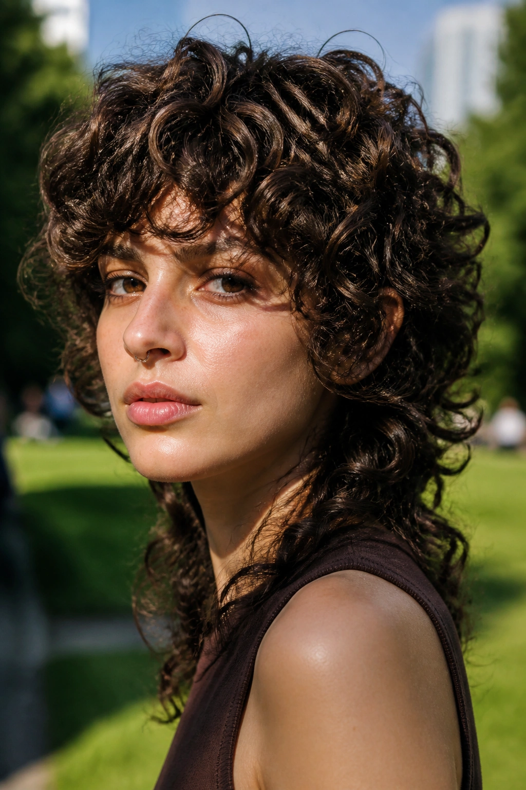 Real person with curly shag mullet hairstyle outdoors