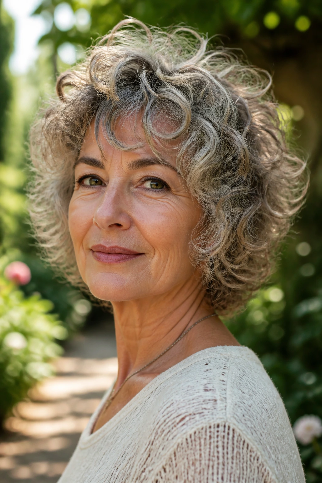 Close-up portrait of an older woman with curly shag hairstyle outdoors