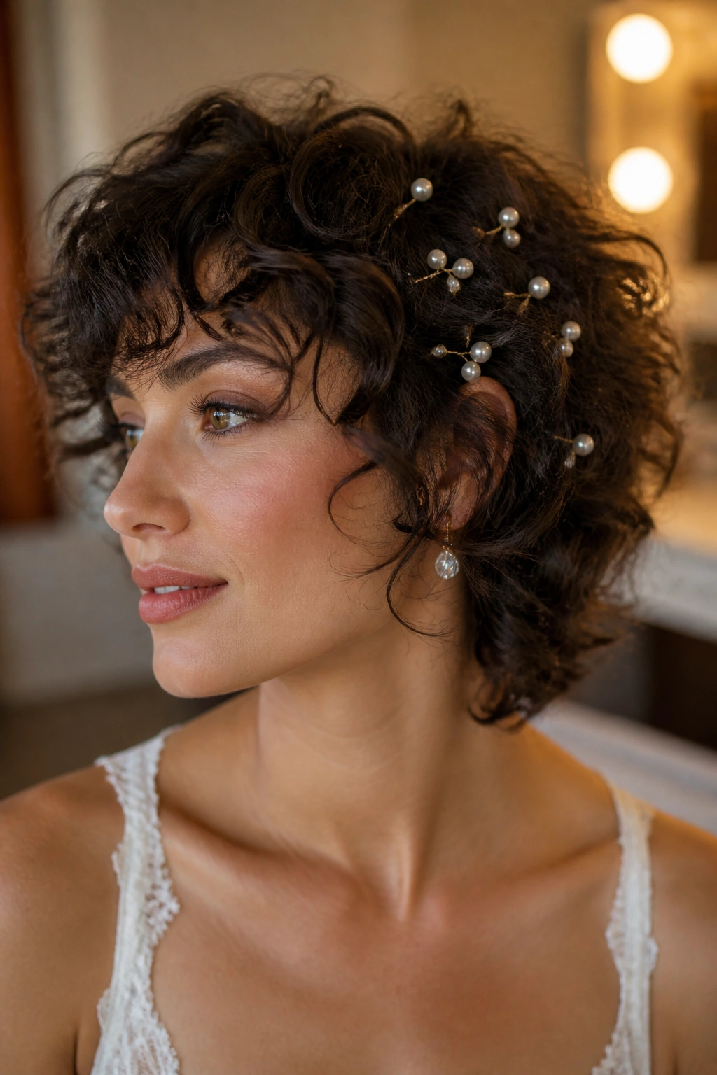 Close-up of real woman with tousled curly shag and scattered pins in a dressing room