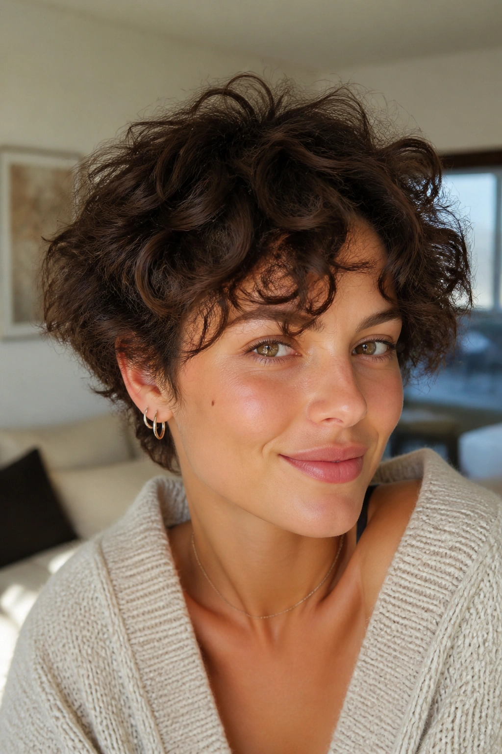 Real woman with curly shag pixie, curls framing the face in natural light.