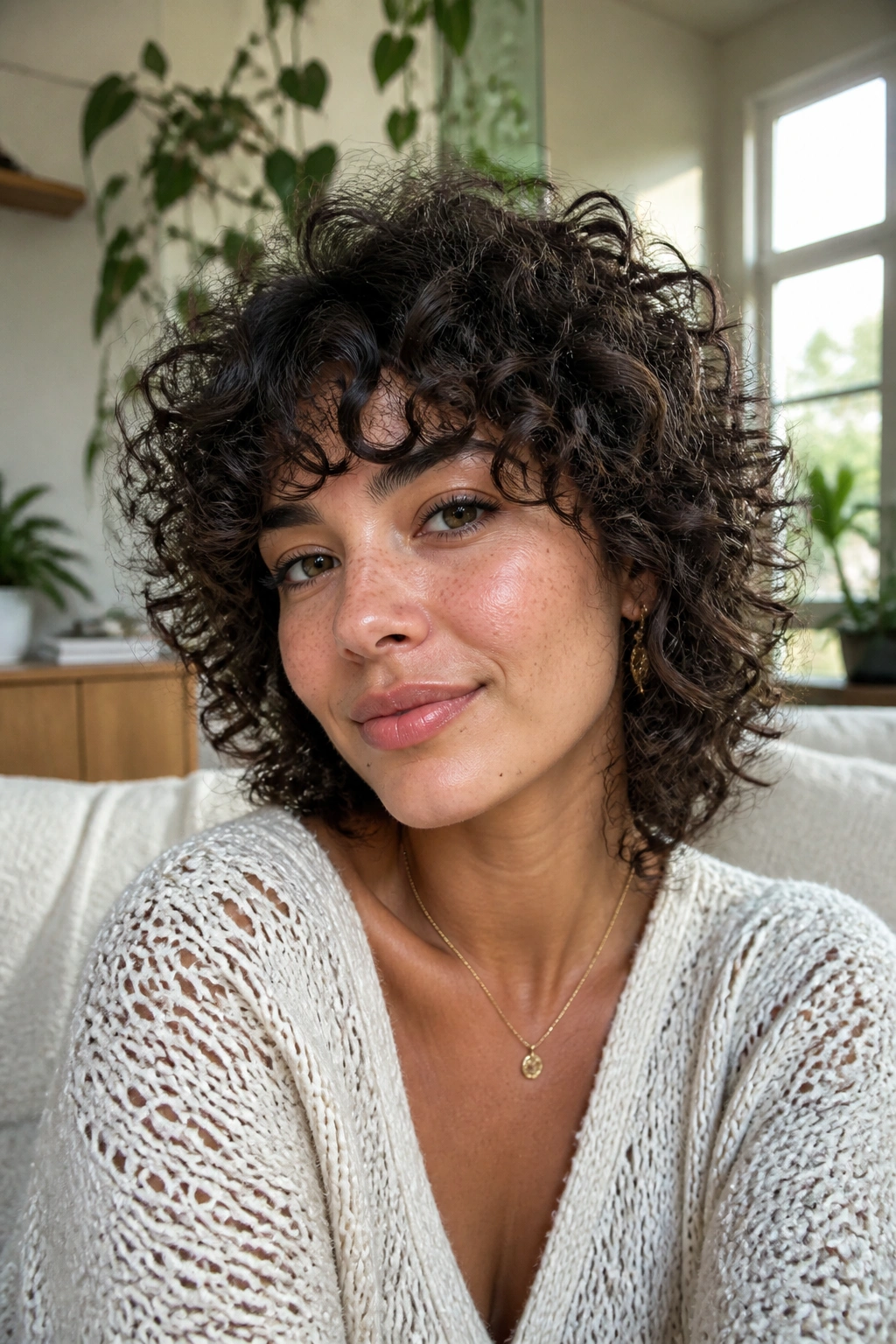 Close-up portrait of a real woman with curly short shag and curly bangs.