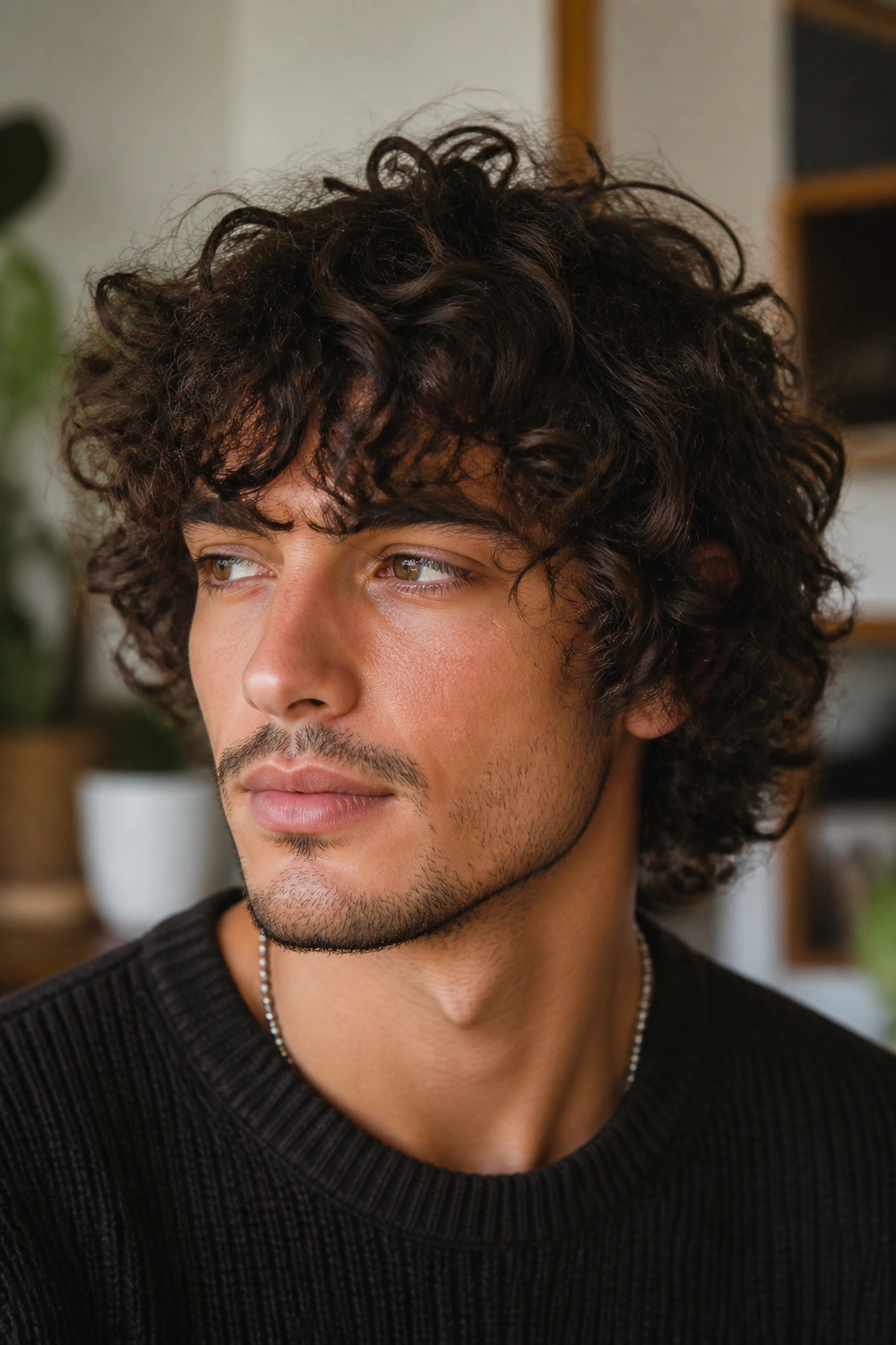 Close-up portrait of a man with a curly shag haircut in soft indoor light