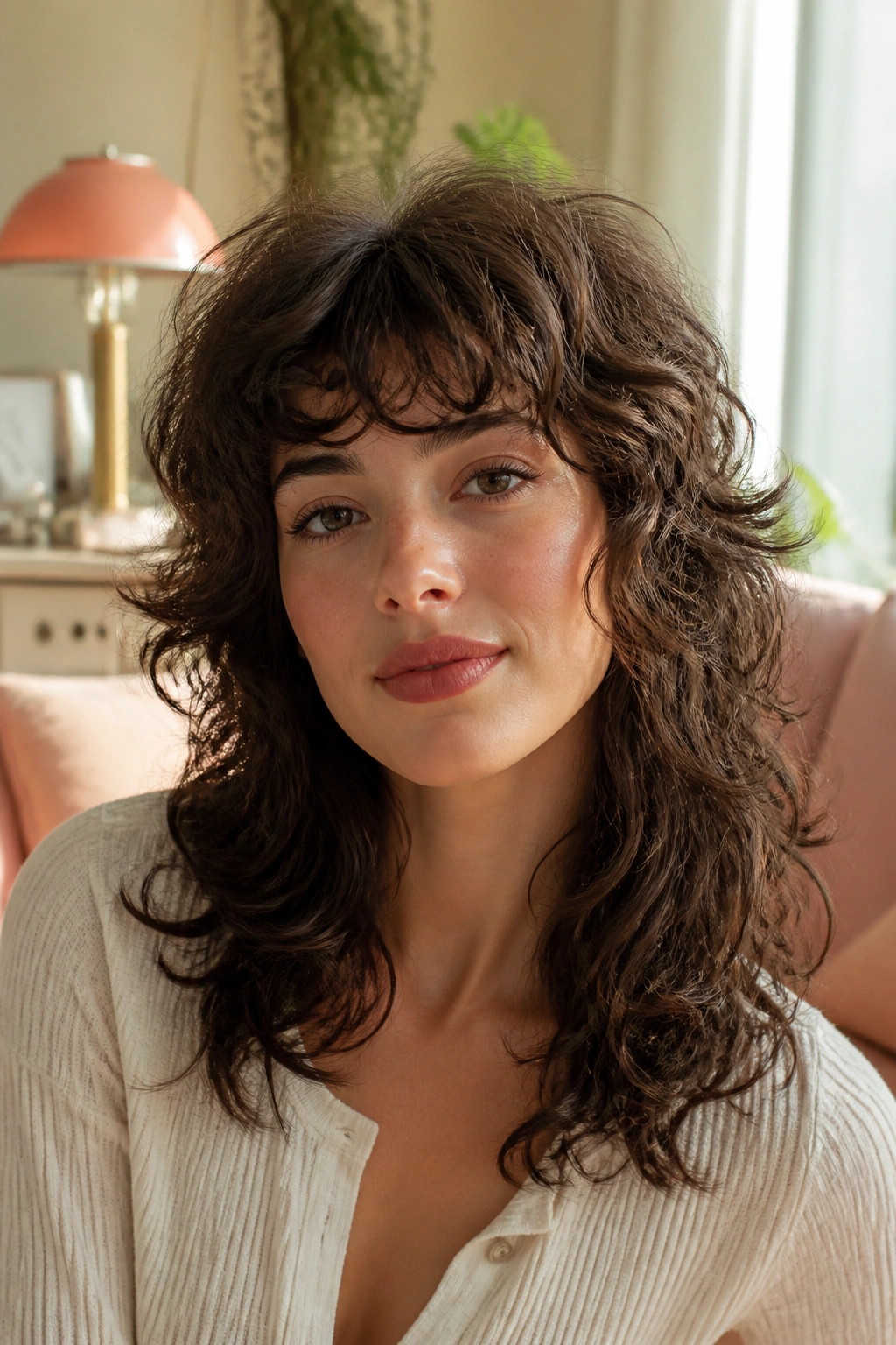 Close-up of a real woman with curly shag and retro fringe in sunlit room