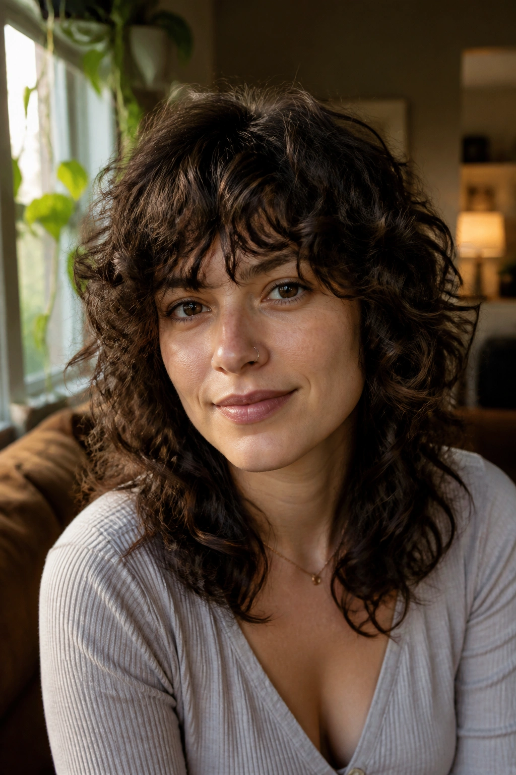 Close-up portrait of a real woman with the Classic Rounded Curly Shag hairstyle featuring a rounded crown and layered curls