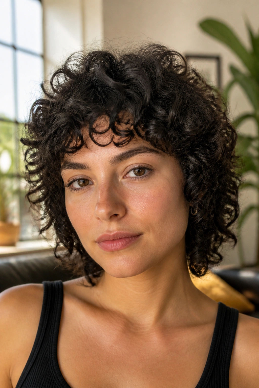 Close-up of a real woman with curly short shag and rounded fringe in natural light