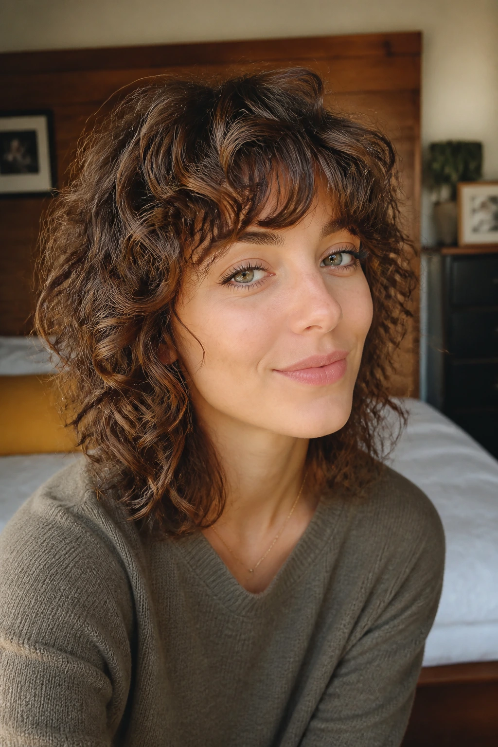 Close-up portrait of a real woman with curly shag and rounded fringe in natural window light