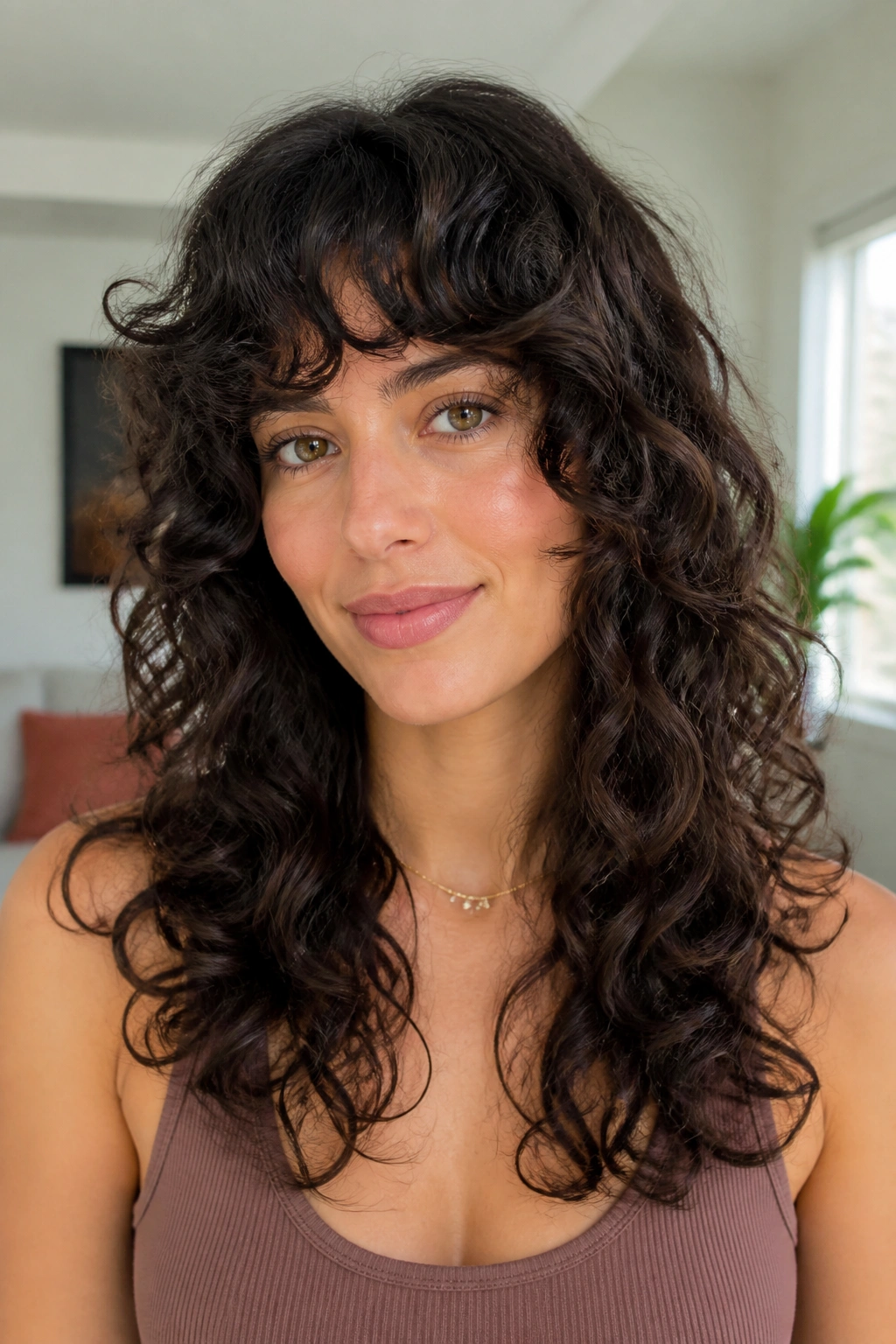 Real woman with curly long shag and rounded layers in a bright room.