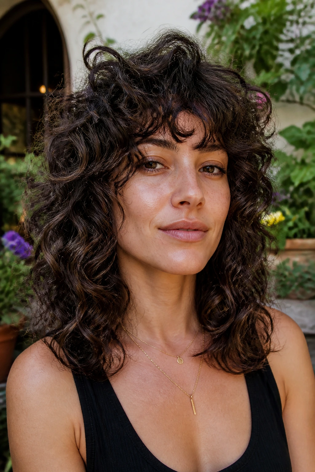 Close-up portrait of a real woman with curly shag and rounded layers