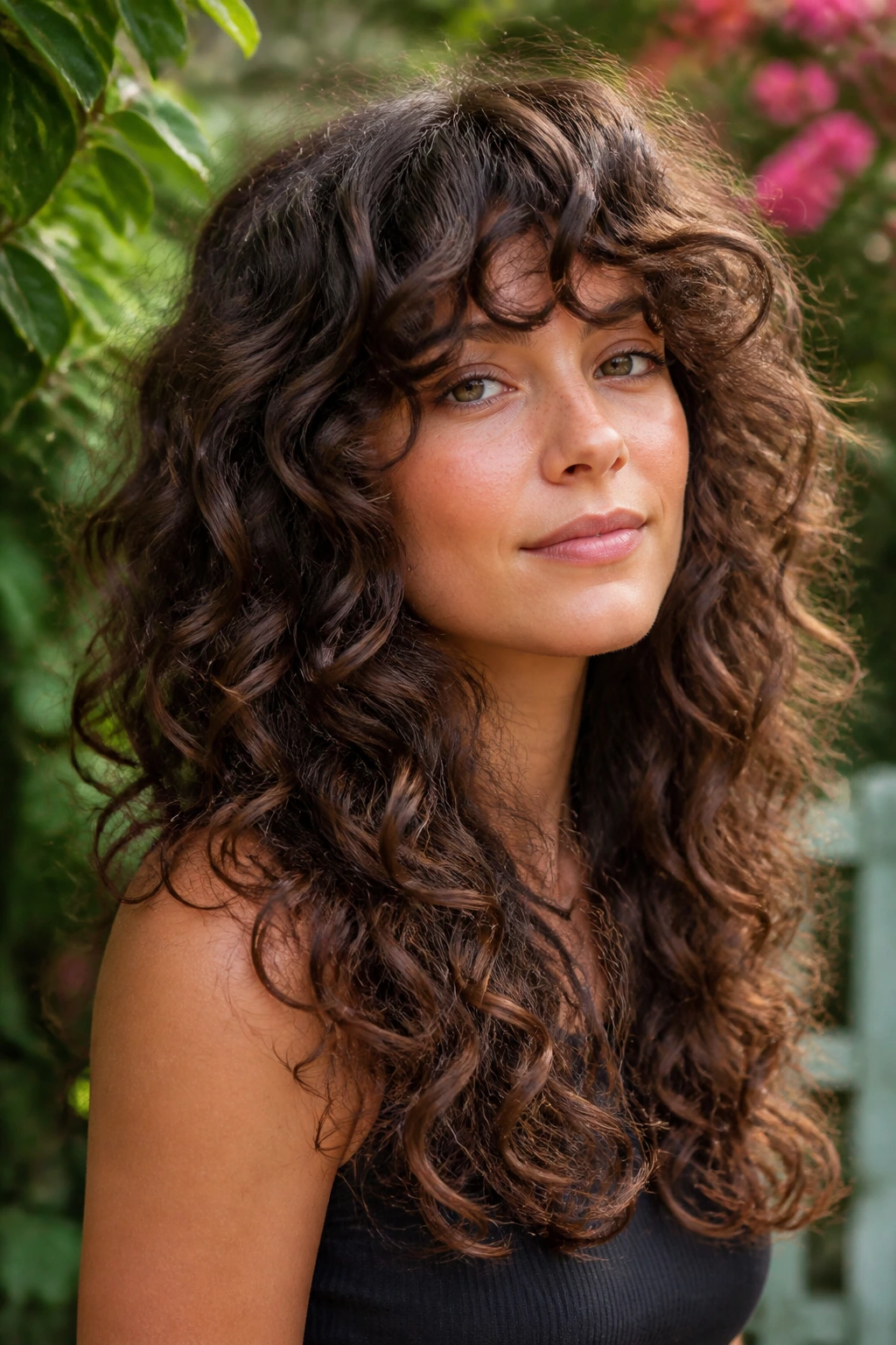 Close-up of a real woman with curly long shag and rounded layers