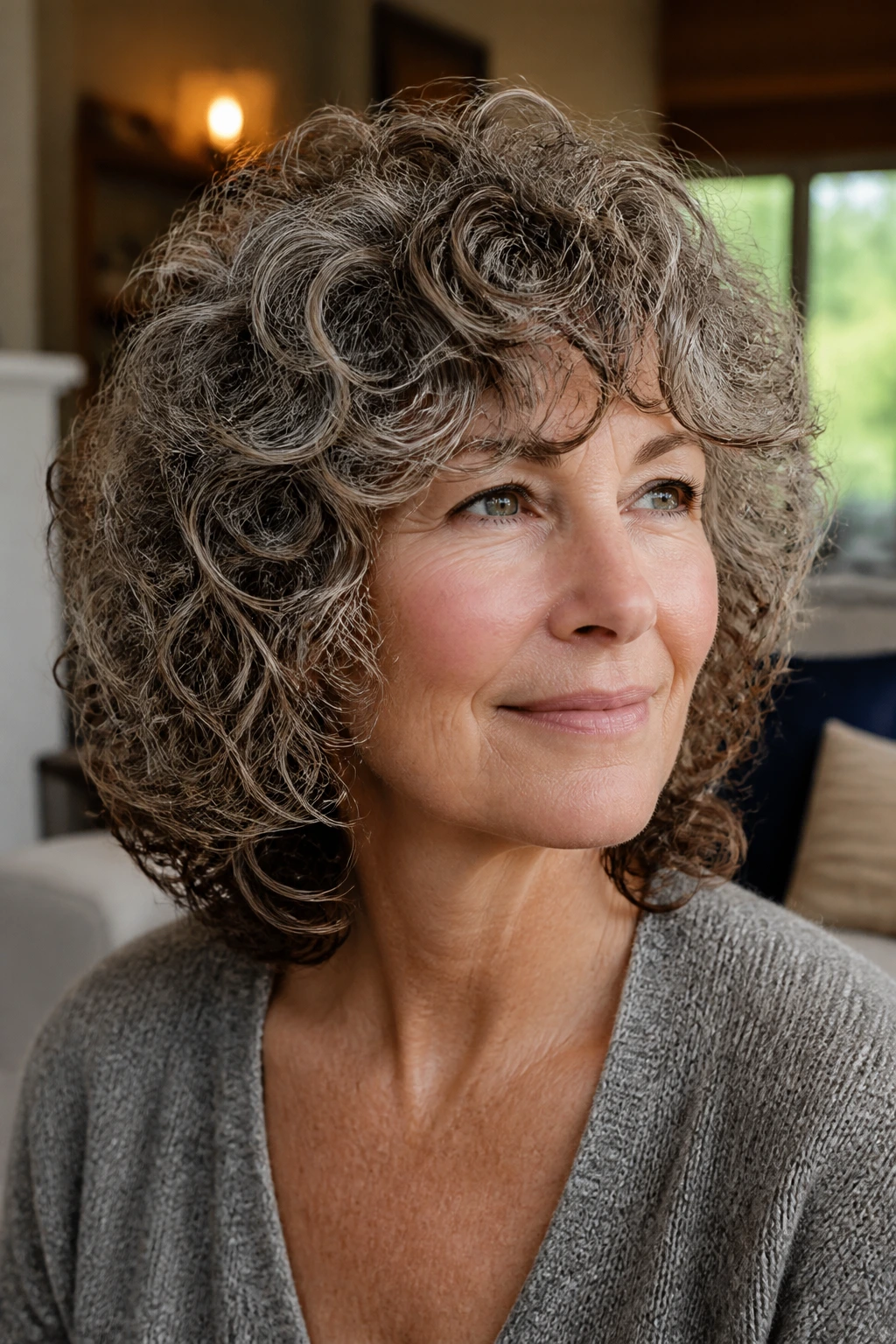Close-up portrait of a woman with curly hair in a rounded shag shape in a cozy living room.