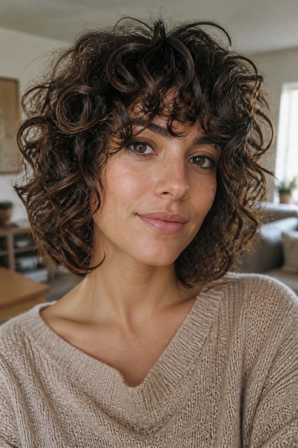 Close-up of a real person with curly shag and rounded silhouette