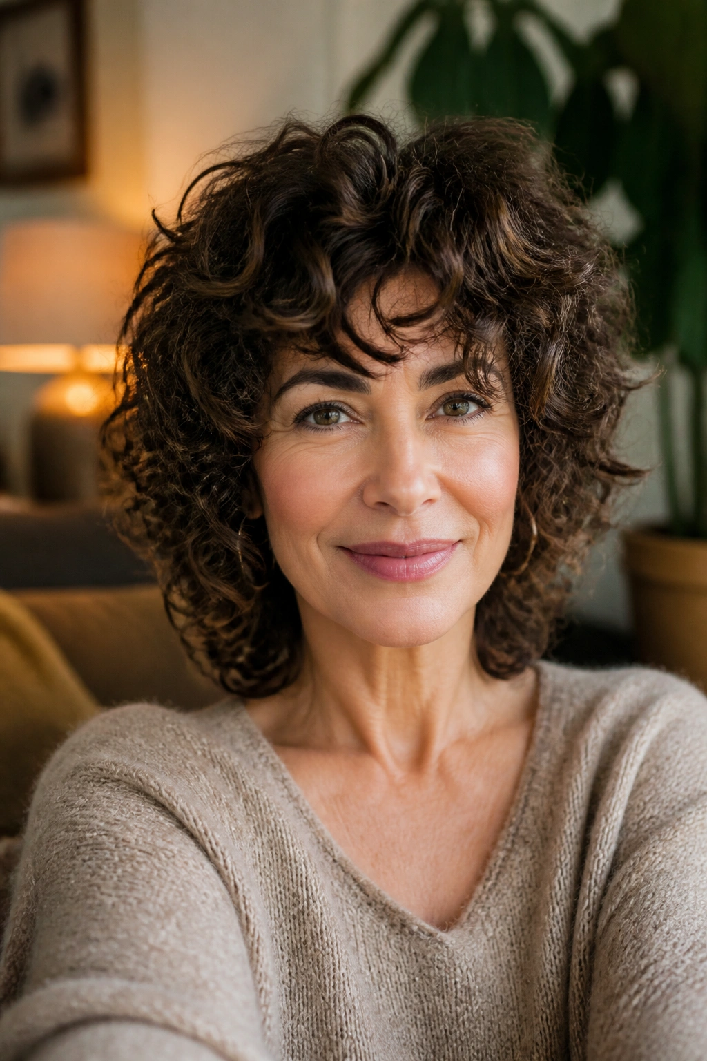 Real-woman close-up with curly shag and rounded volume in a cozy living room