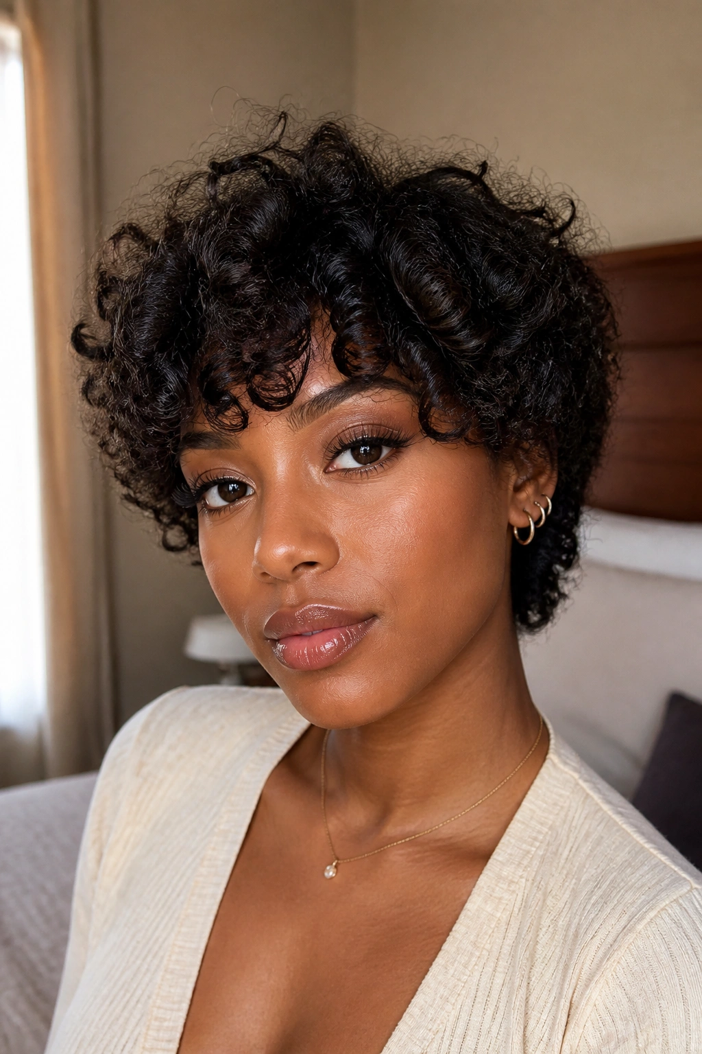 Portrait of a Black woman with curly shag on short natural hair in a cozy bedroom