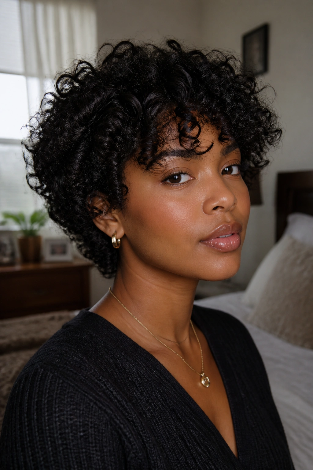 Close-up of a real Black woman with a curly shag for short length.