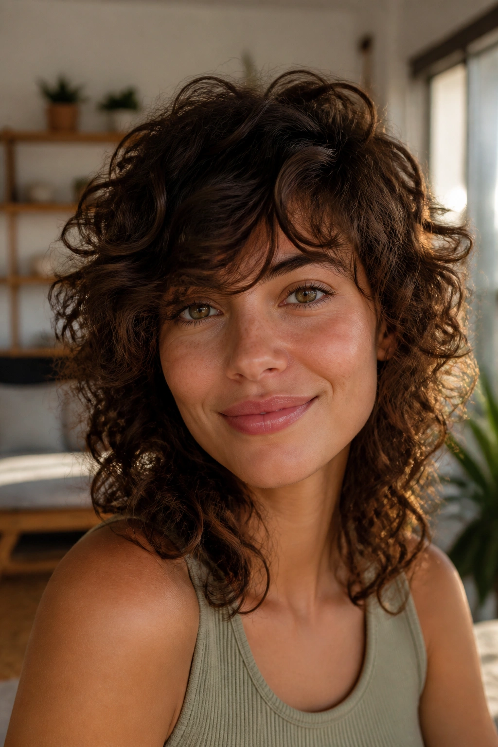 Close-up of a real woman with curly shag and side-swept fringe