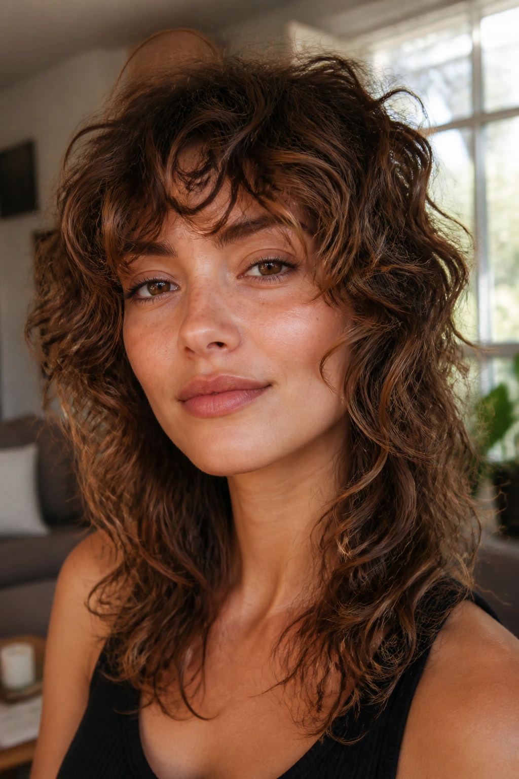 Close-up of curly shag wolf cut on a real woman