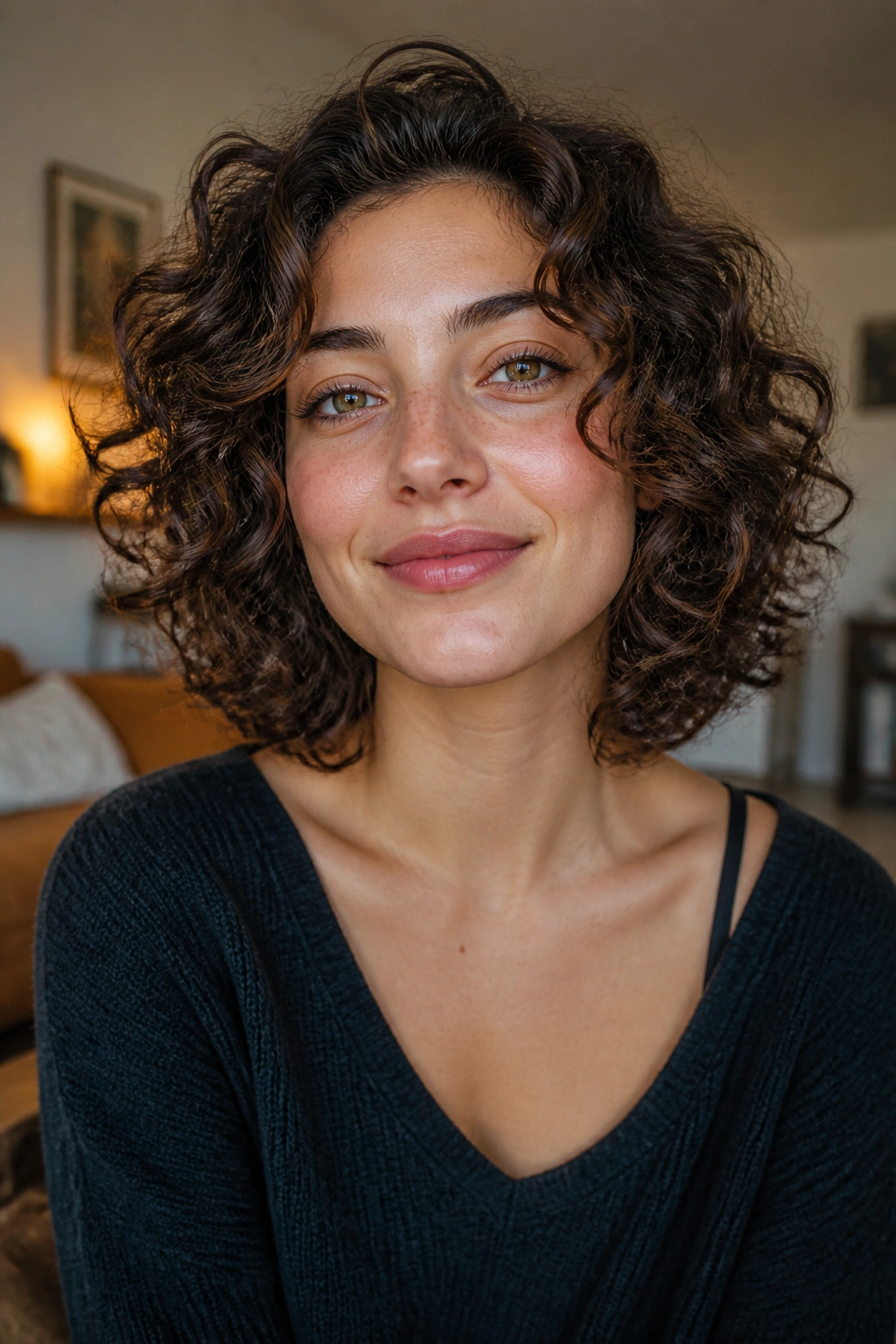Real woman with curly shaggy bob without bangs in a softly lit living room