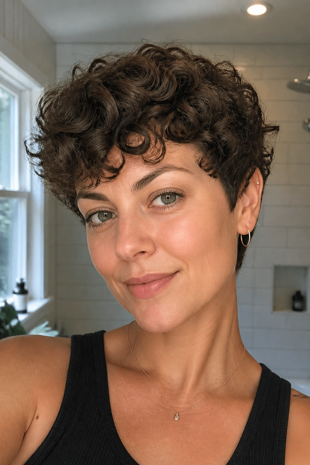 Close-up of a real woman with curly short cut and tapered nape