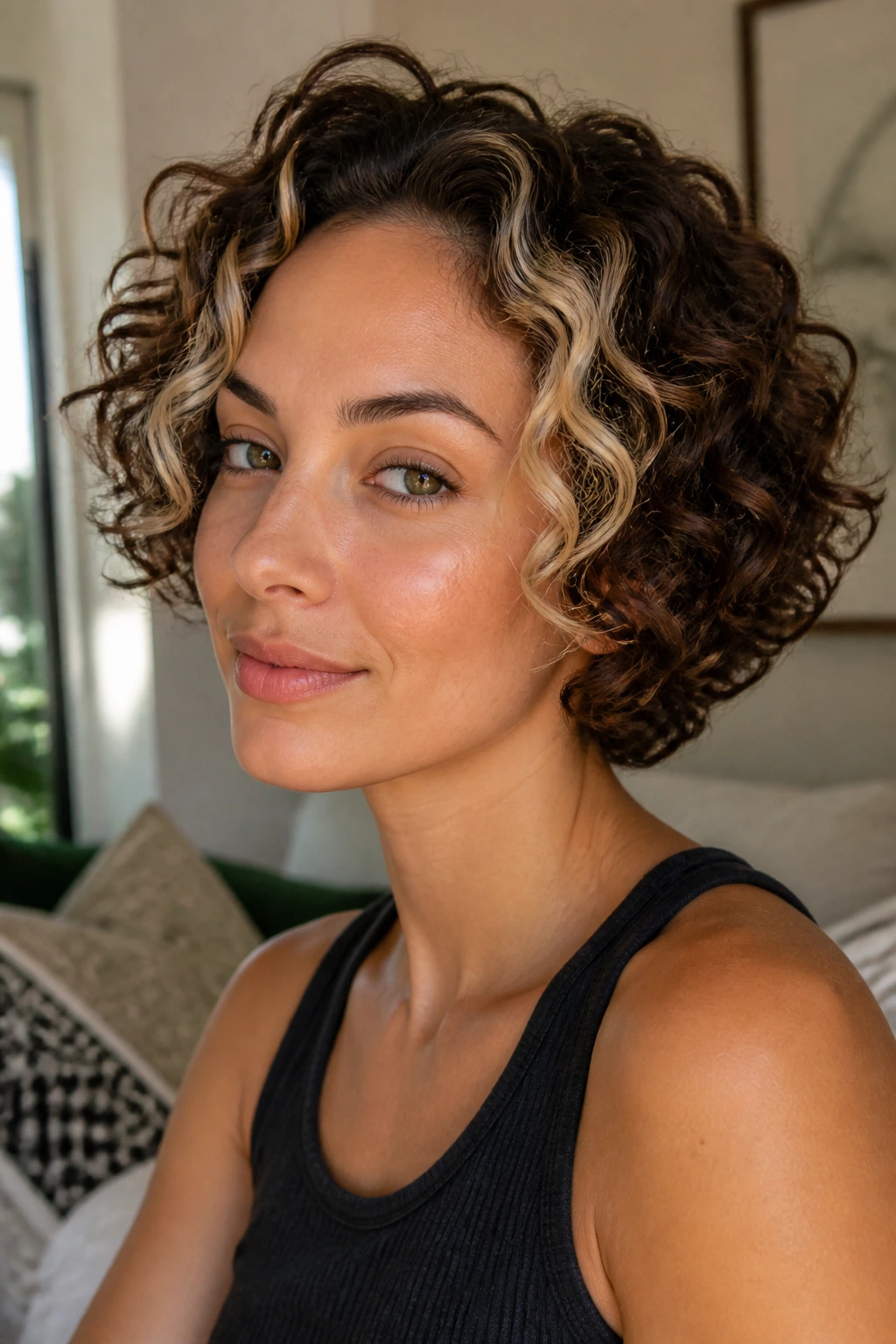 Close-up of a real woman with chunky face-framing highlights on curly short hair