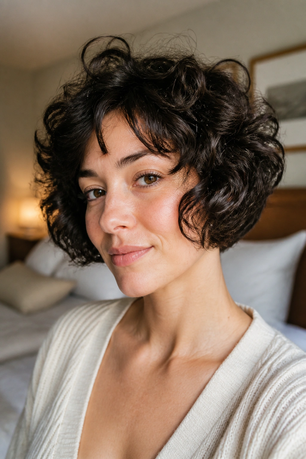 Close-up of a real woman with a curly short layered bob, curls framing the face.